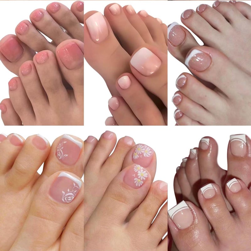 CTTHNBD 6 Packs (144 Pcs) Press on Toenails, French Tip, Pink, Flower, Glue on, Gel, Stick on, 12 Sizes-6 Styles - Image 1